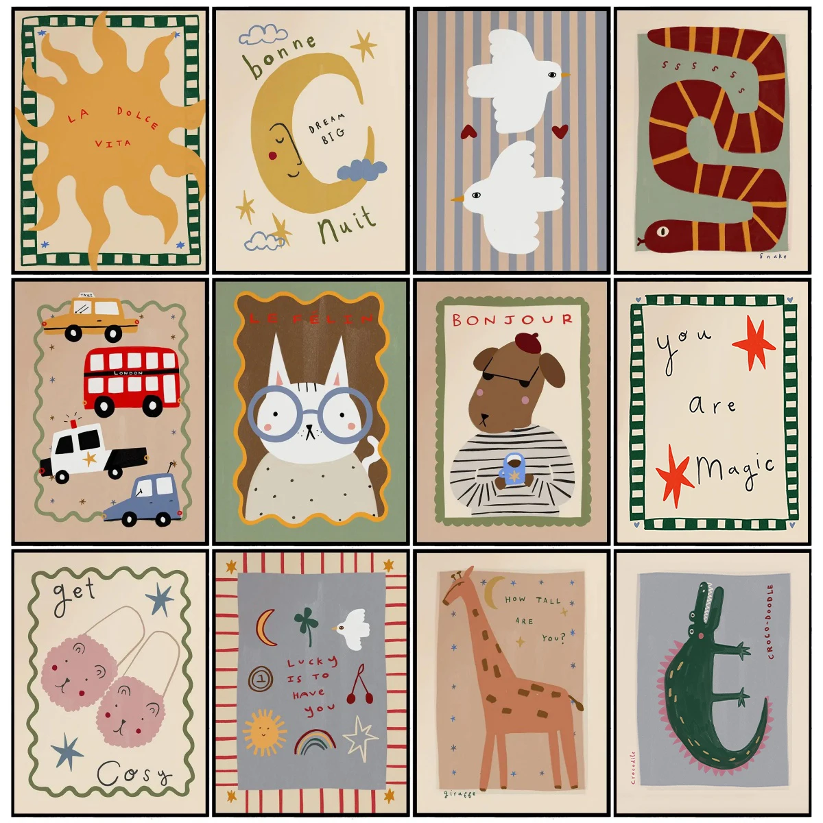 Cartoon Niedliche Tier-Illustration Leinwanddruck Poster Boho Lustige Abstrakte Sonne Mond Zitat Kunstdrucke Kinderzimmer Wandkunst Heim-Dekoration