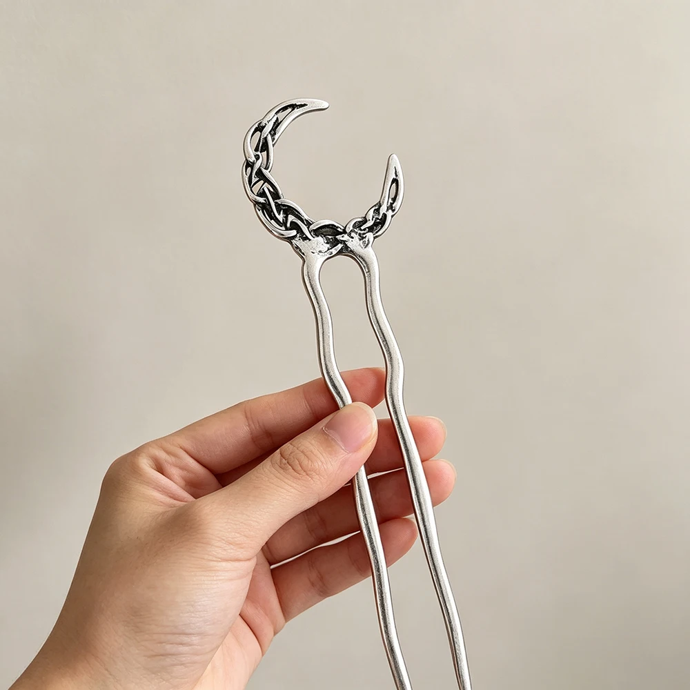 1pc Vintage Chain Crescent Moon U-shaped Hair Fork Antique Silver Metal Gothic Wiccan Witch Hair Accessories for Women Long Hair
