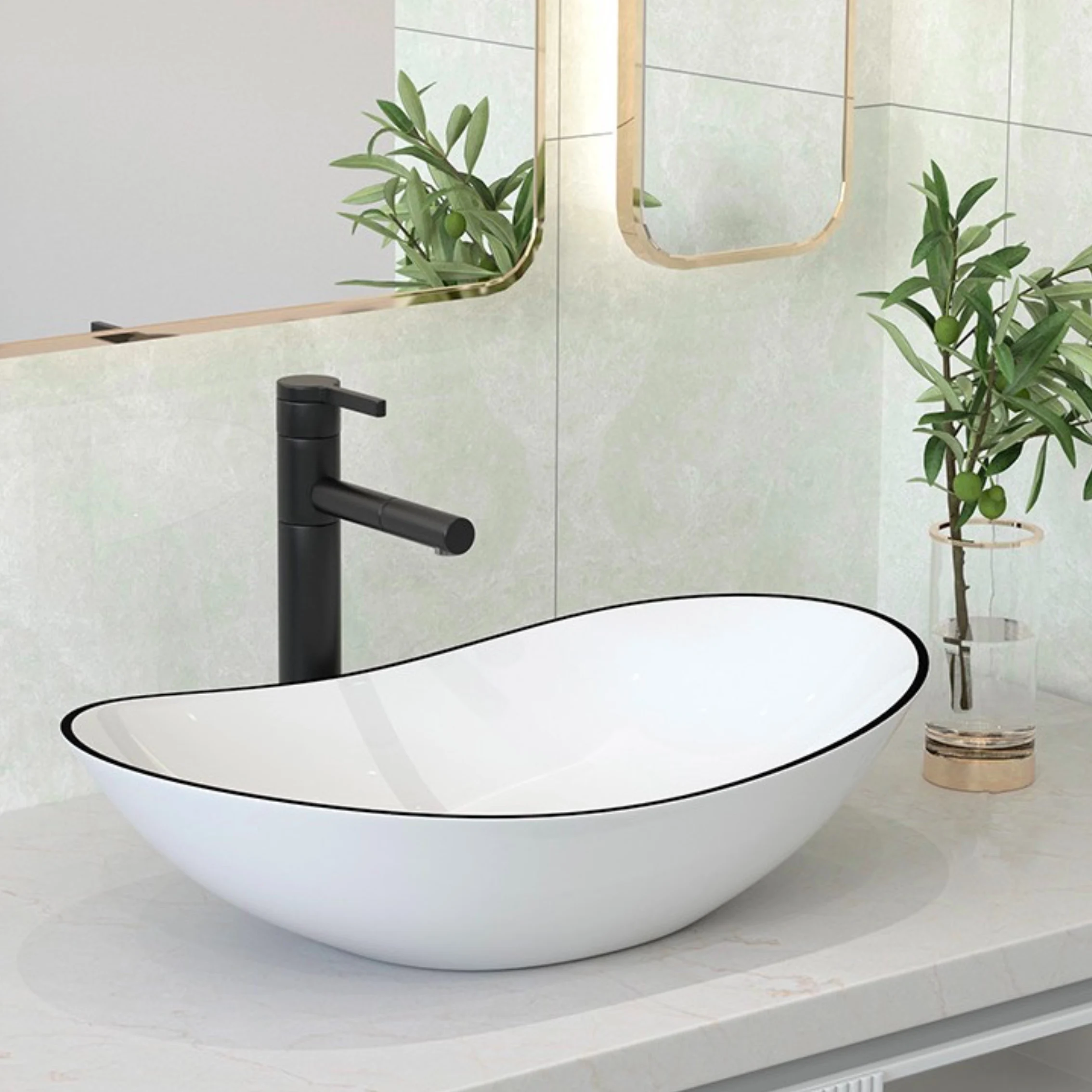 

Ingot Shape Art Ceramic Basin Set White and Black Washbasin Bathroom Sink Set Water Mixer Tap Faucet W/ Pop Drain 8599A