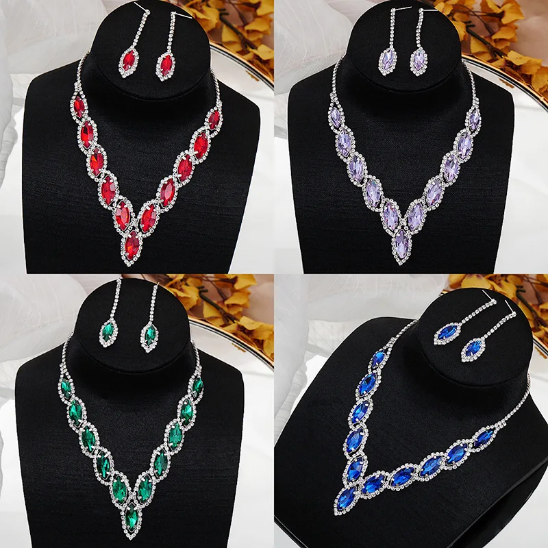 FYUAN Pink Red Green Blue Necklace Earrings For Women Water Drop Crystal Earrings Wedding Bride Jewelry Sets Accessories