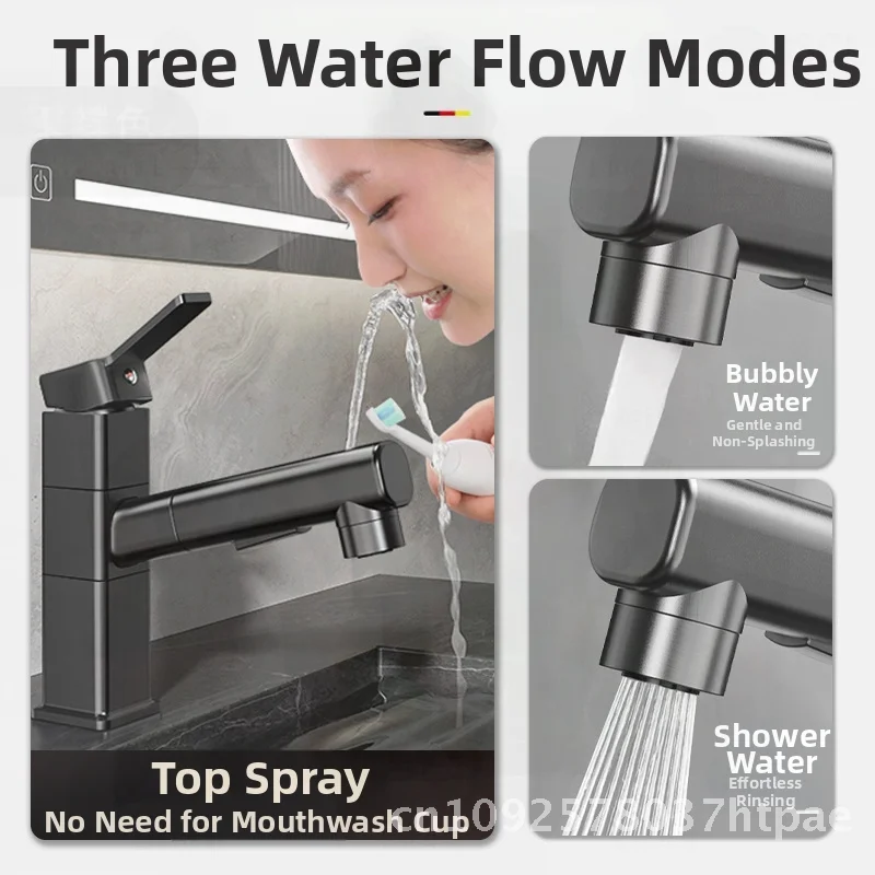 

Fine Copper Pull-Out Faucet for Bathroom Wash Basin Cabinet Hot Cold Water Toilet Modern Minimalist Design with 3-Speed Rotation