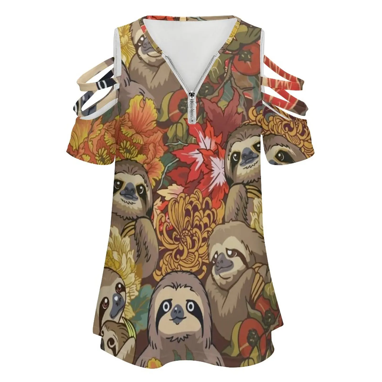 Weil Sloths Herbst Neue Mode Zip Off Schulter Top Kurze-Hülse Frauen Hemd Sloth Blume Herbst