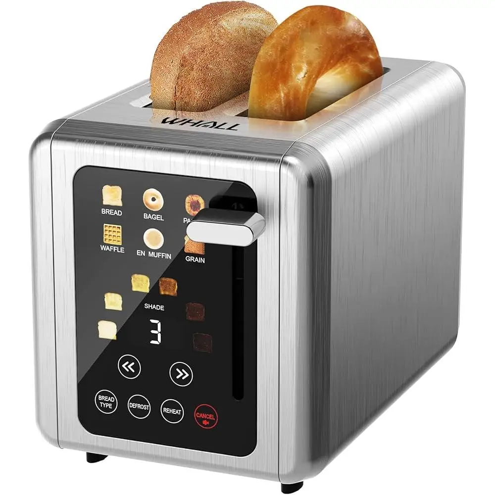 Touch Screen Toaster 2 Slice Stainless Steel Digital Timer 6 Bread Types 6 Shade Settings Extra Wide Slots Defrost Bagel Cancel