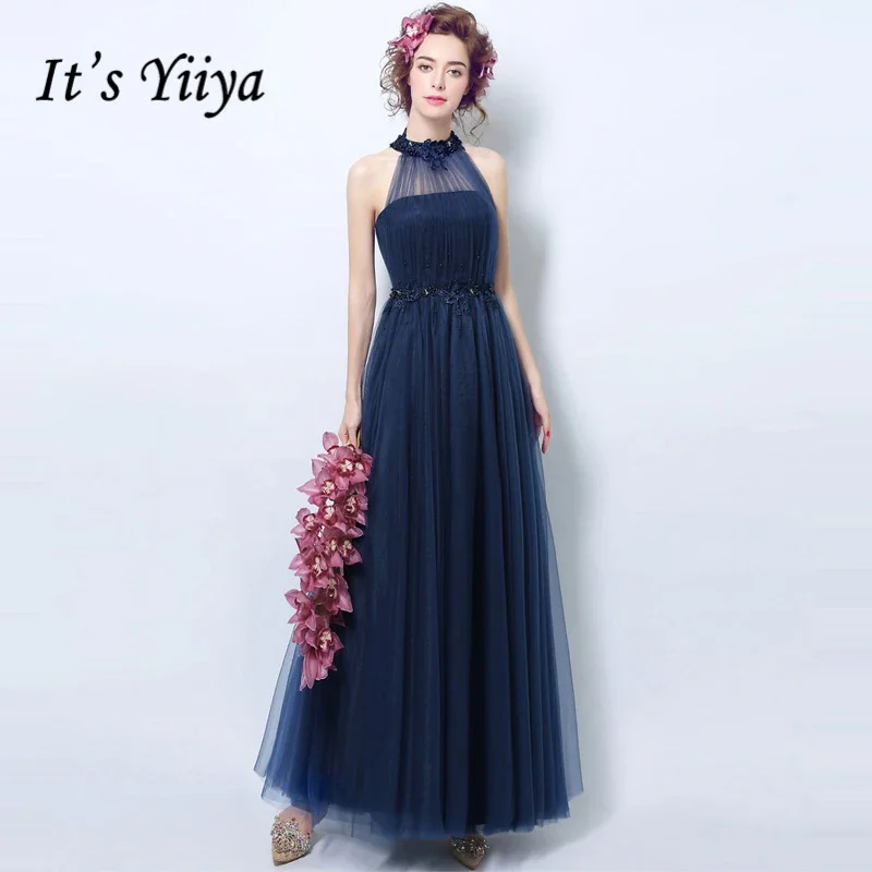 

It's Yiiya Customized Navy Blue Halter Collar Evening Dress Beads A-line Floor Length Plus size Woman Party FOrmal Gown LX229