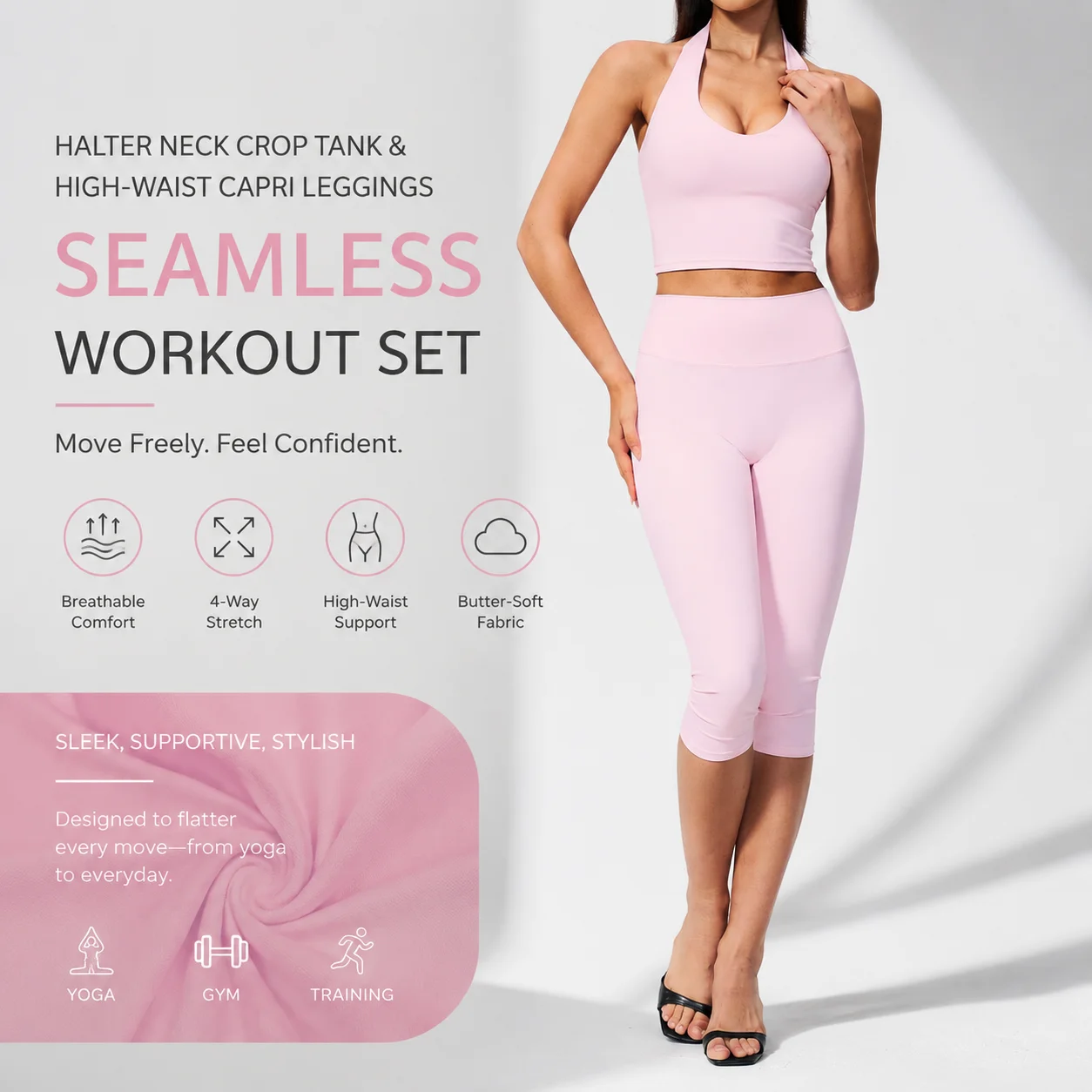 Seamless Halter Neck Crop Tank Top And High-Waist Capri Leggings Set Women's Workout Outfit Fitness Clothing Set