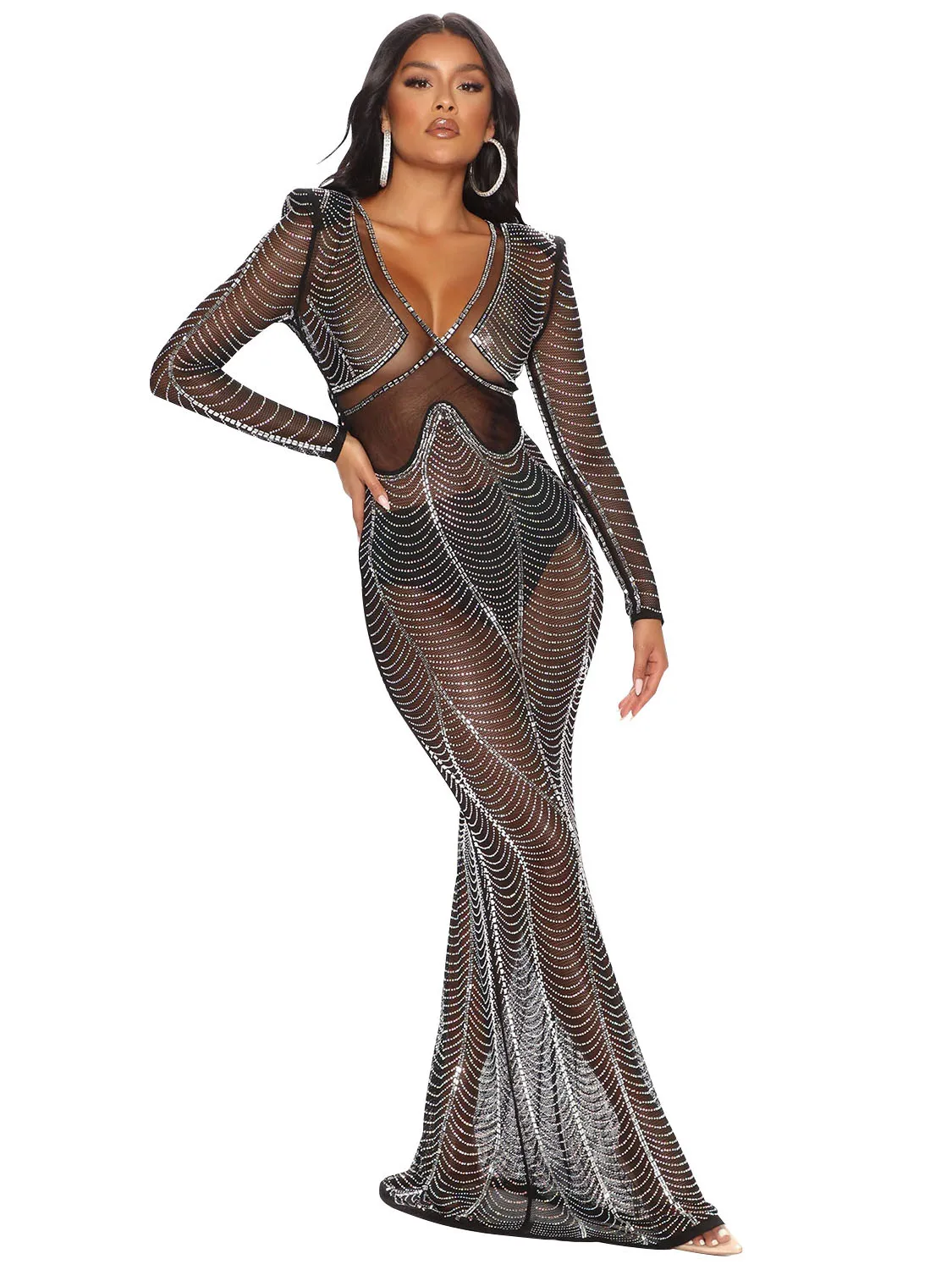 

Szkzk Mesh Rhinestone Maxi Dress Luxury Long V Neck See Through Night Club Outfits For Women Party Evening Sexy Bodycon Dresses