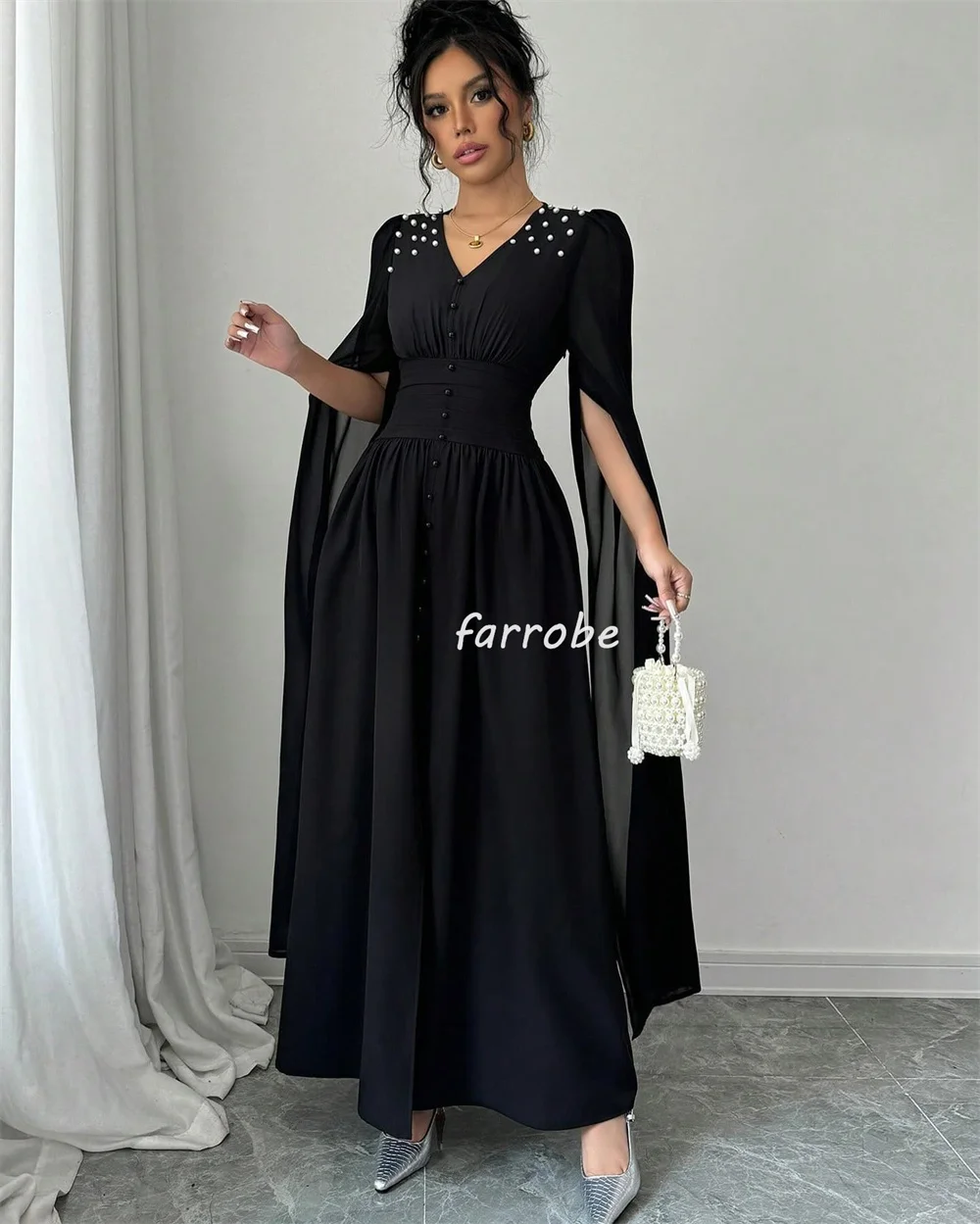 Customized Elegant Sizes Available Chiffon Pearl Pleat Beading Draped A-line V-neck Midi Dresses Bespoke Occasion Dresses Modern