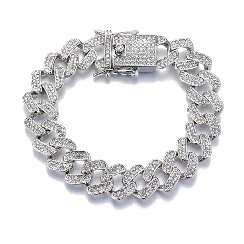 Hip Hop Rhinestone Baguette Cuban Chain Bracelet Rapper Gift for Teen Men Women