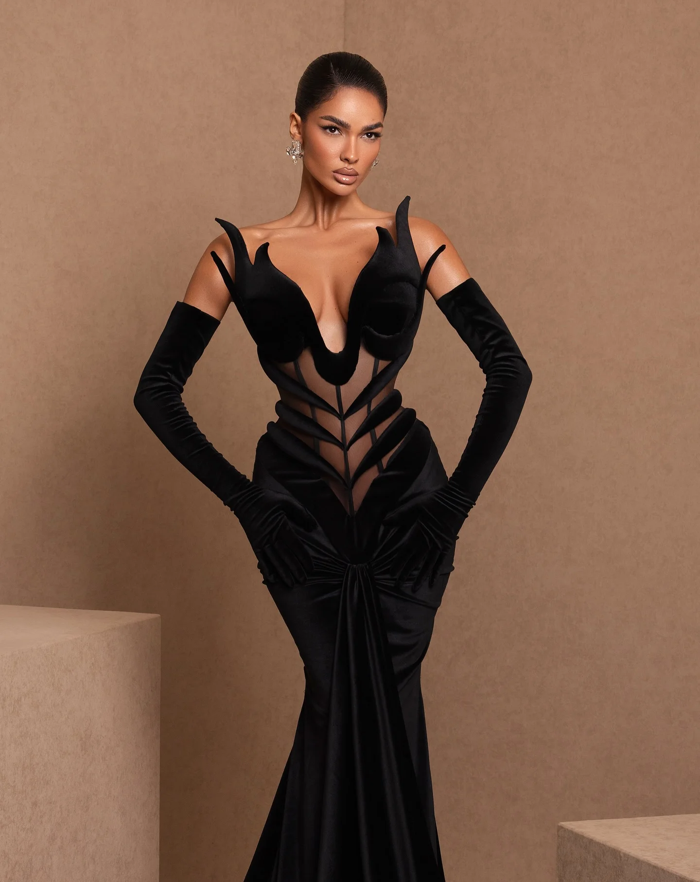 Elegância preto veludo sereia vestidos de noite com luvas decote em v espartilho único formal ocasião vestido novo design longo vestido de baile