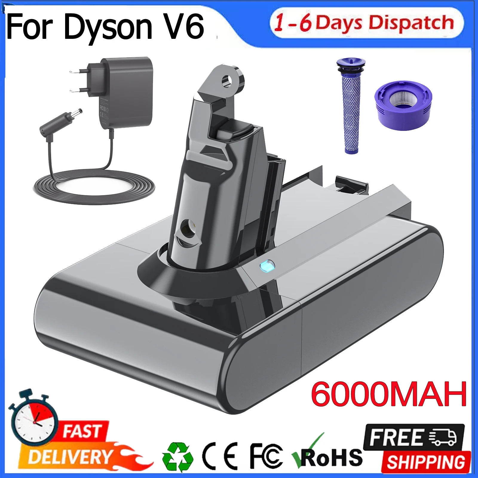 6000 MAH pour Dyson V6/DC58 batterie de remplacement pour Dyson V6 Motorhead V6 accessoires V6 Animal aspirateur Machine Rechargeable