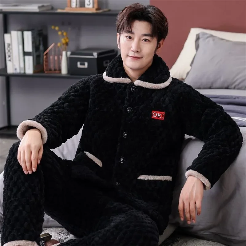 2024 New Men Pajamas Lapel Homewear Thickened Velvet Loungewear Three-layer Cotton Flannel The Plus Size Warm Sleepwear Suit