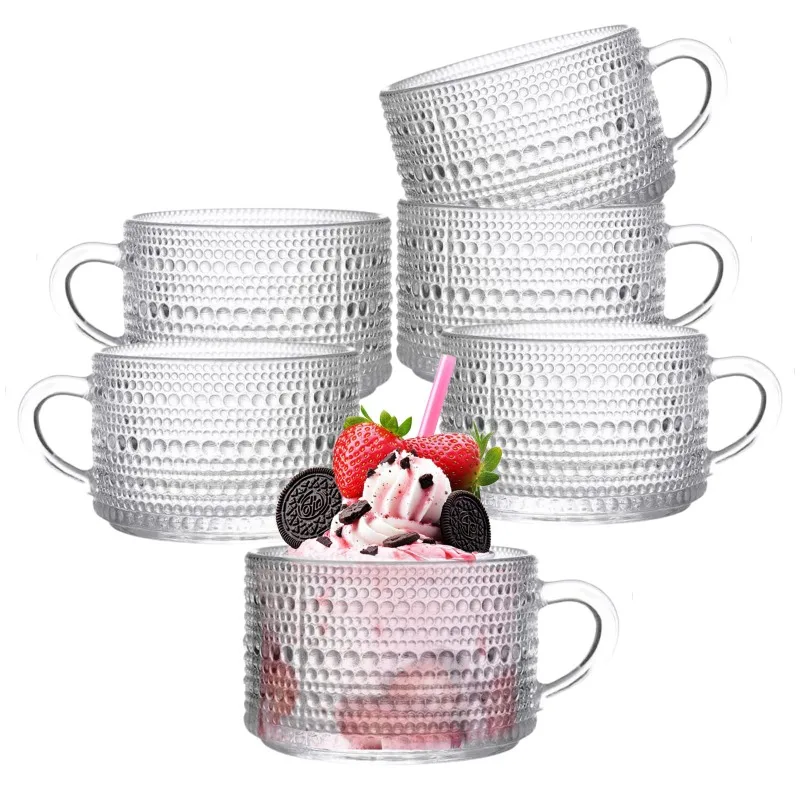 

6 Pcs Vintage Coffee Mugs 14 oz Clear Embossed Glass Cups with Handle Vintage Glassware for Cappuccino Latte Cereal Yogurt