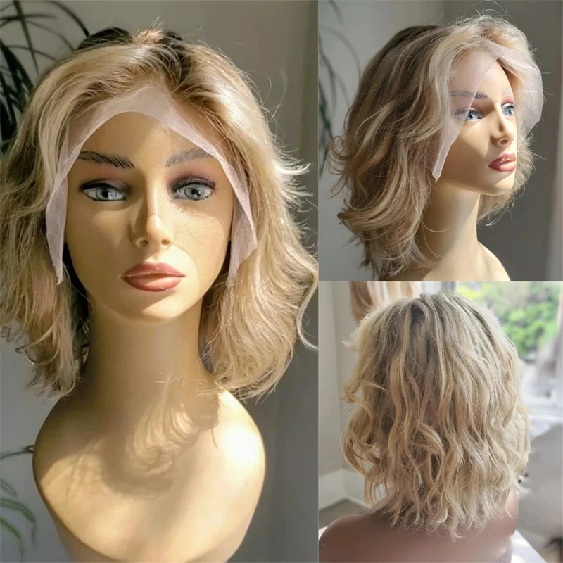 

Короткая волна Боб Ombre Блондинка Коричневый Парик Балаяж 13x4 Плата Части Синтетические HD Кружевные Фронтальные Парики Предварительно Сорванные Волосы с Волосами Младенца