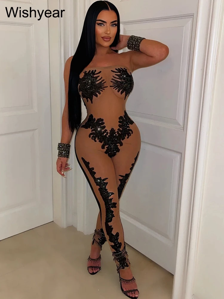 Elegant Bodycon Jumpsuit Playsuit Sequin Mesh See Through Patchwork  One Piece Suits Birthday Women Summer Night Club Outfits