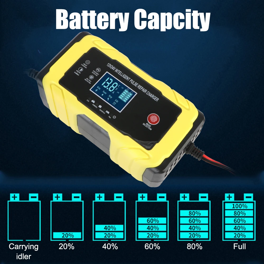 12V 12A/24V 6A Intelligent Pulse  Fast Power Charging Digital LCD Display Auto Pulse Repair Car Motorcycl Battery Charger