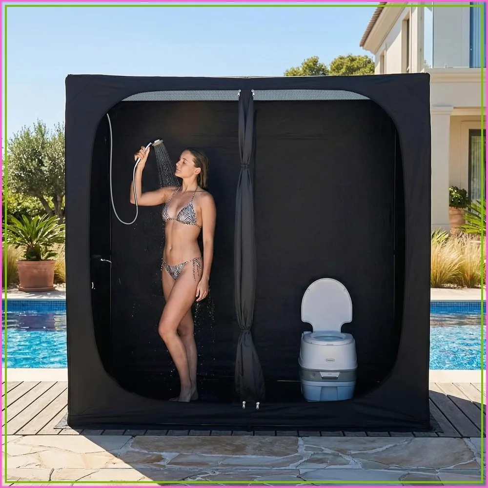 2-Room Shower Tent, Outdoor Changing Room with Floor & Doors, Privacy Canopy for Pool, Beach, Camping