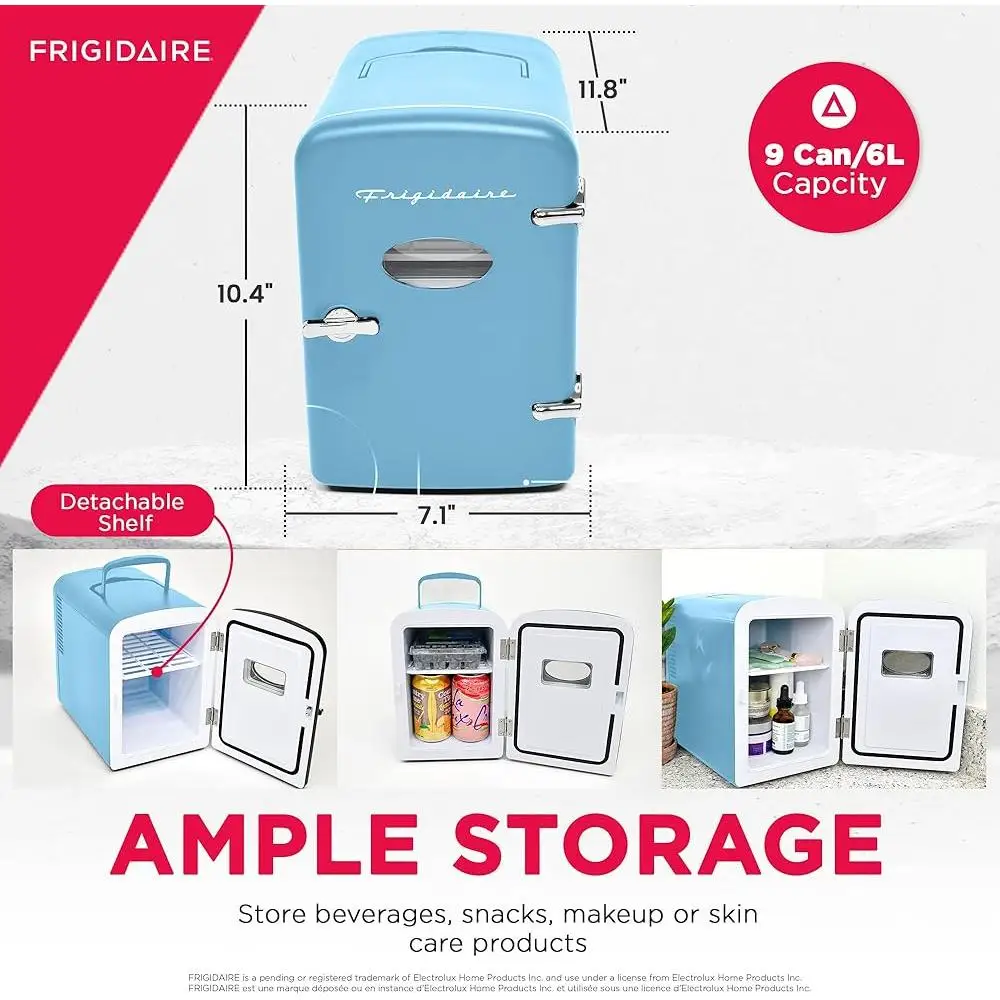 Portable Retro Mini Fridge Cooler 9 Can Capacity Personal Skincare Snacks Drinks with AC DC Power Options Car Office Bedroom