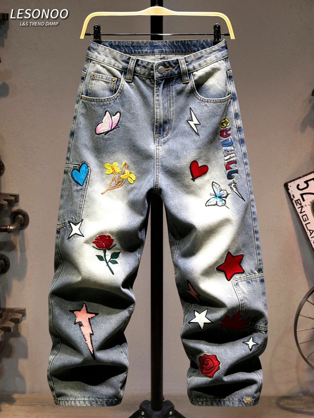 

American Heavyweight Embroidered Jeans Men's Trendy Loose Straight Leg Long Pants Faionable All-Match Wide Leg Pants