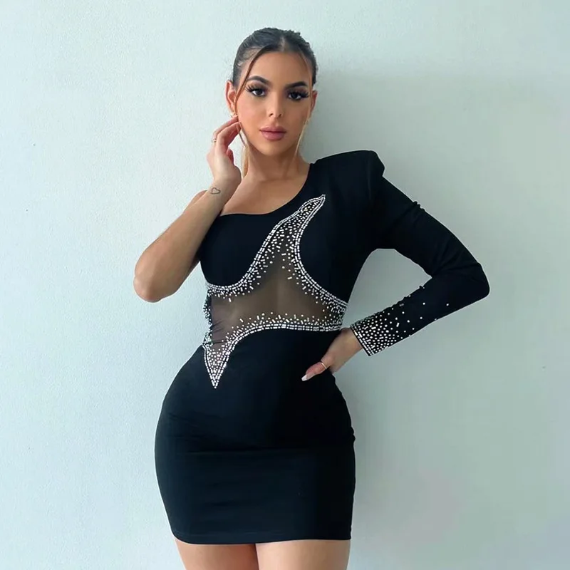 

Black Mini Slim Mesh Diamonds Sparkling Designed One Shoulder Dress For Women 2023 Sexy Long Sleeve Bodycon Evening Dress