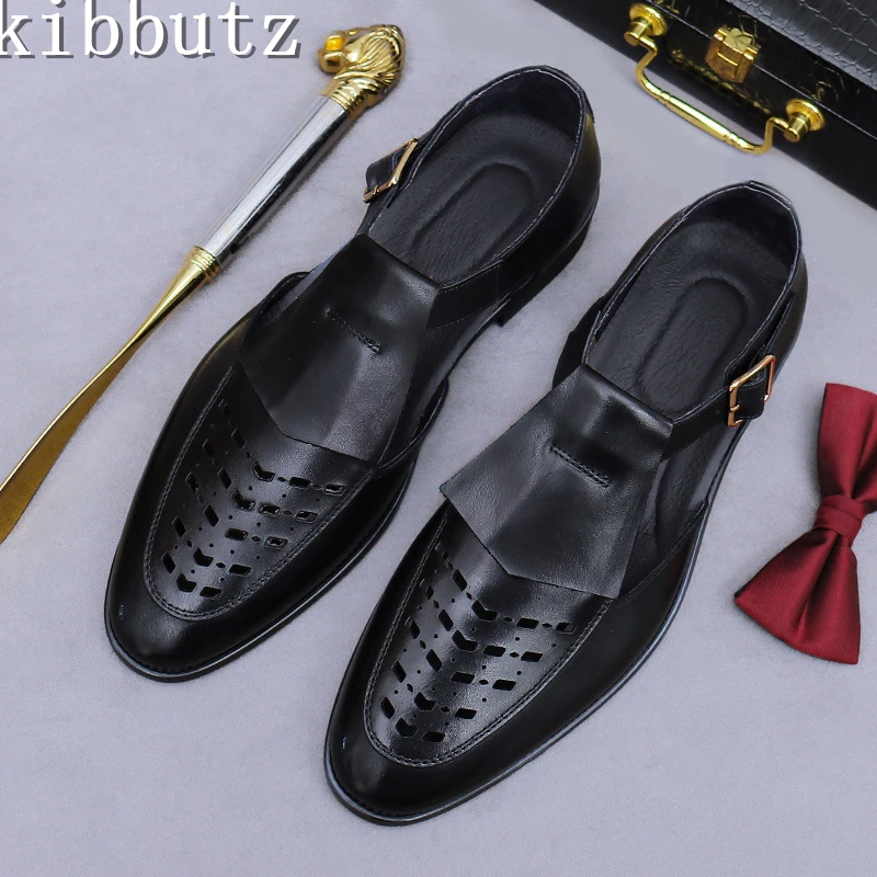 Summer New Men Genuine Leather Sandals Cover Toe Cowhide Business Shoes Hollow Out Breathable Driving Shoes