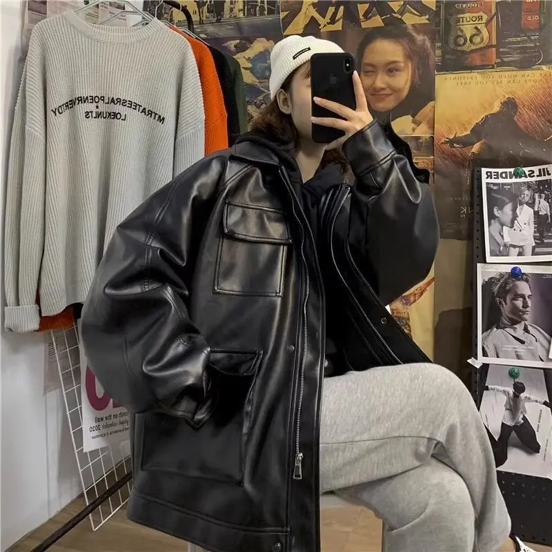 Otoño Invierno algodón estilo puerto Retro Casual silueta suelta Cool moda negro cremallera motocicleta chaqueta de cuero Mujer
