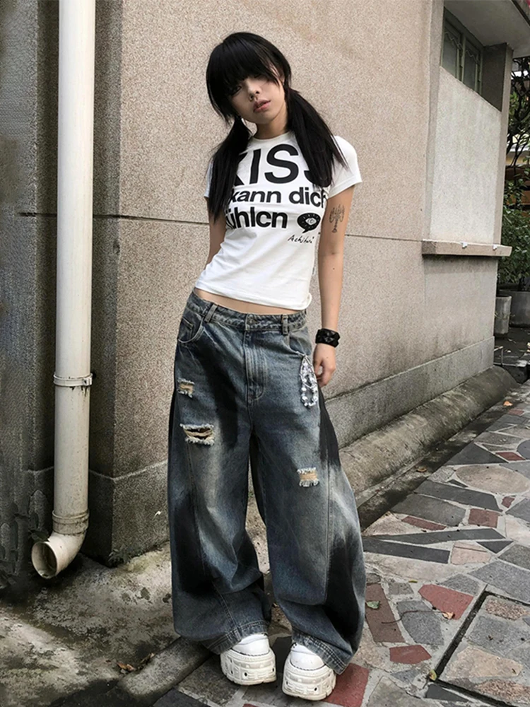 Tonngirls American Retro Print Crop Tops Short Sleeve Skinny Y2k Grunge Tops 2000s Japanese Vintage Crop Tops Summer Streetwear