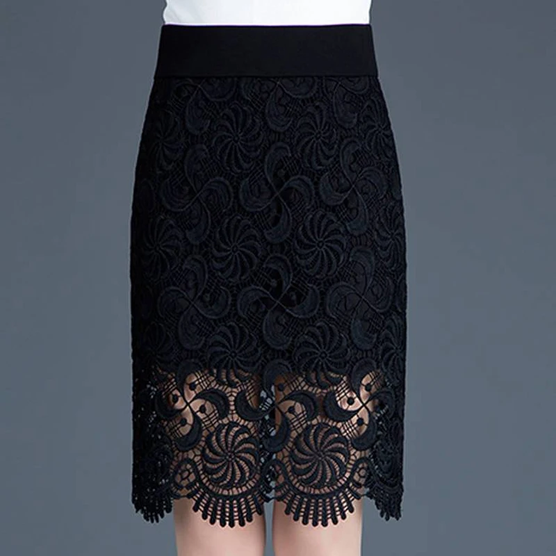 

Spring Summer New Hollow Out Lace Half Skirts Elastic Waist Solid Color Slim A-line Skirt Temperament Elegant Women Clothing