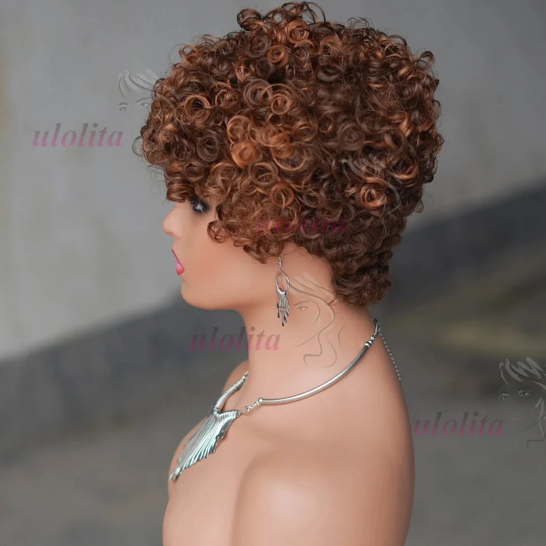 6 Zoll kurze lockige Perücken mit Pony, 4/30 Highlight Piano-Farbe für schwarze Frauen, Echthaar Pixie Cut, federnde lockige Echthaarperücken – Detail 5