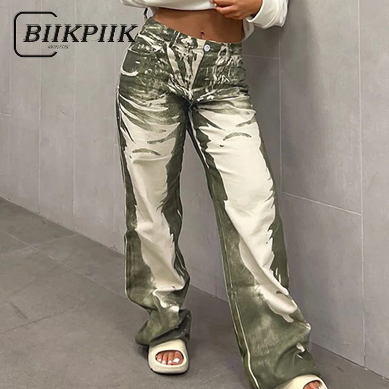 

Модные уличные штаны BIIKPIIK с принтом, потертые женские брюки, уникальные эстетичные прямые тканые брюки, Осенние штаны