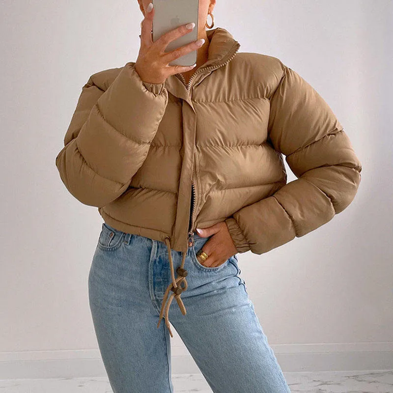 Parkas Women Short Coats Stand Collar Zipper Jackets Full Sleeve Thick Warm Y2k Streetwear Elegant Jacket Work Autumn Winter