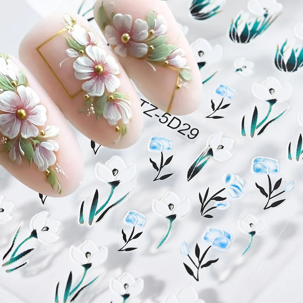 

5D Acrylic Flower Nail Stickers Geometric Lines White Flower Leaves Nail Decals Acrylic Embossed Sliders Manicure Xmas Sticker #