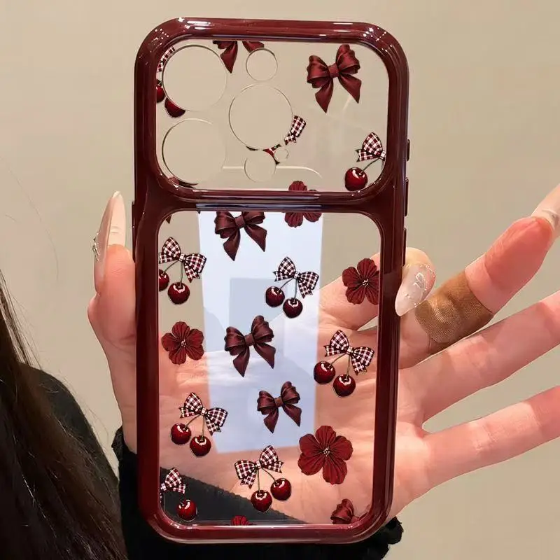 Sweet Retro Wine Red Plaid Bow Cherry Flower Phone Cover for iPhone 16 15 13 18ProMax,Transparent Case With Large Mirror Window