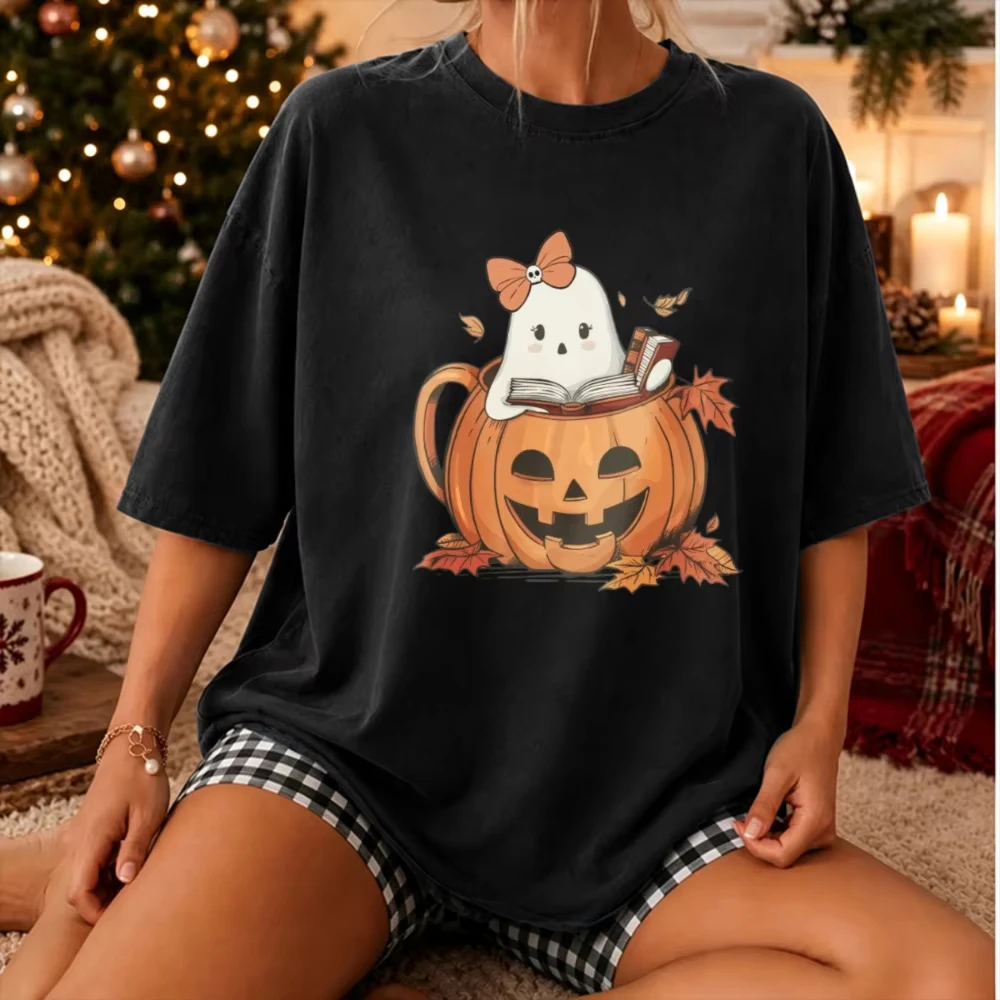 Cute Bow Ghost Reading Book Halloween T‑Shirt Sweet Ghost In Jack‑O‑Lantern Pumpkin Mug Fall Maple Leaf Cozy Autumn Lover Tees