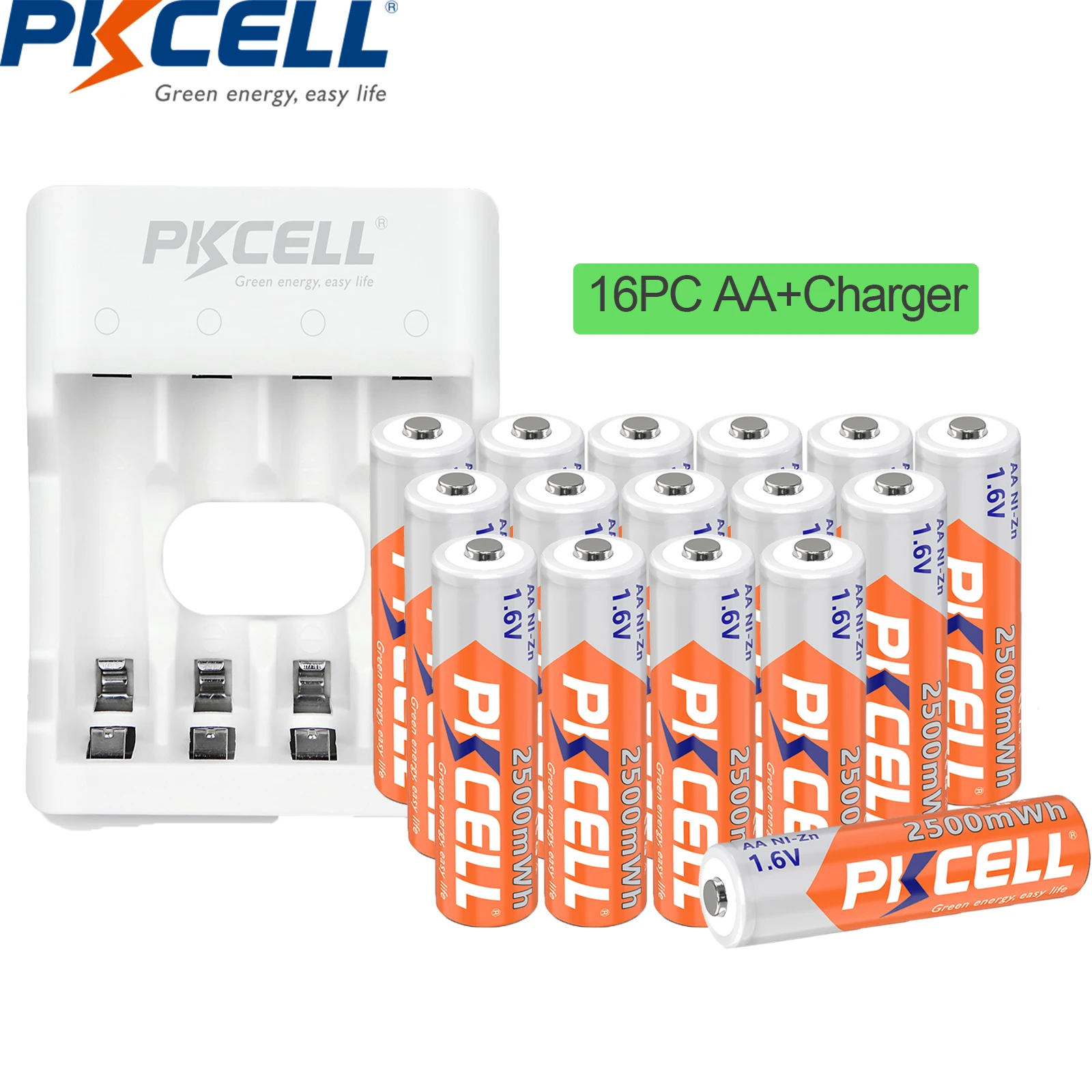 

16PC PKCELL AA Batteries 2500mWh 1.6V NIZN AA Rechargeable Battery Camera toys battery with NI-ZN Battery Charger