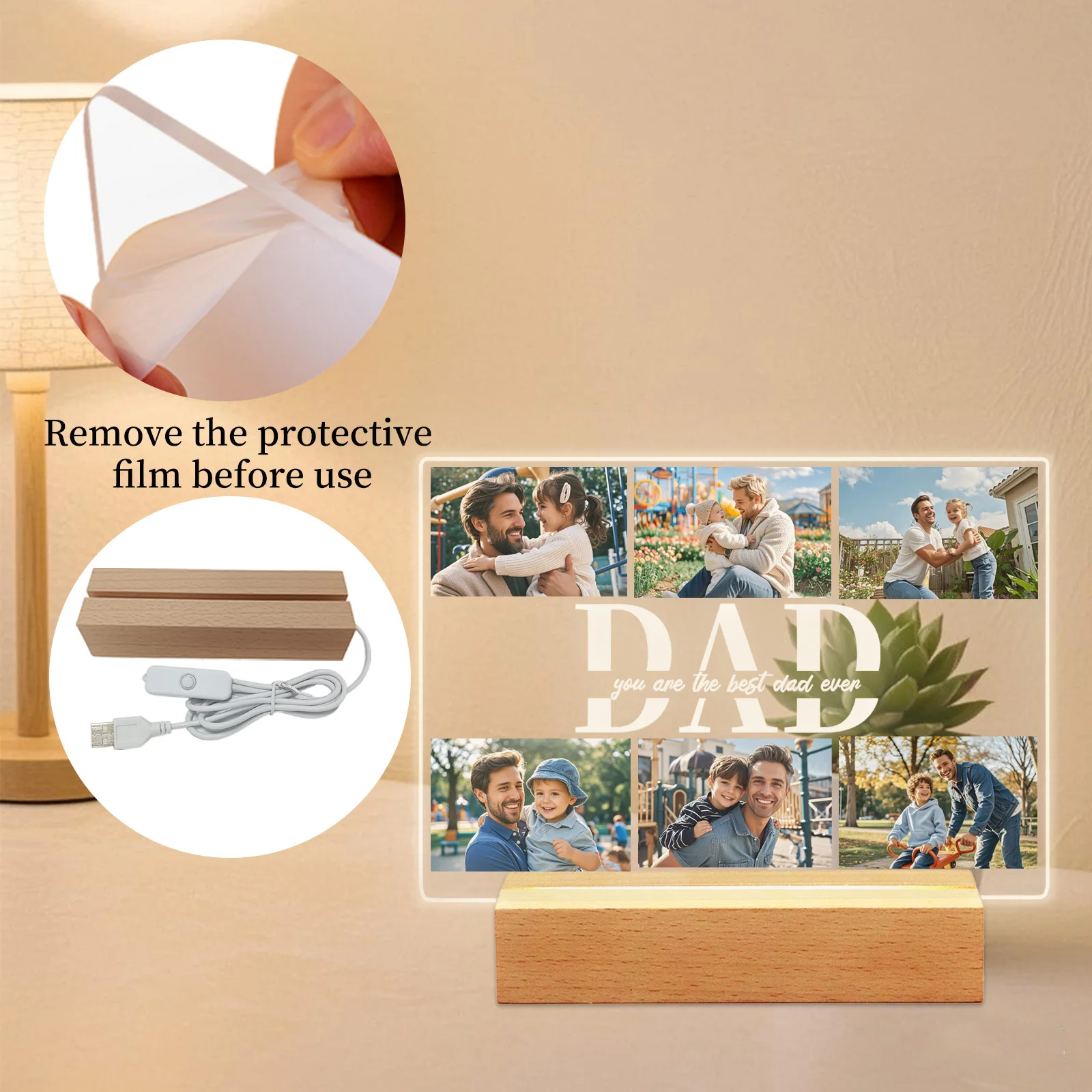 Personalized Photo Acrylic Plaque Custom Fathers Day Night Light Gift Unique Photo Frame Lamp Dad Birthday Present Home Decor