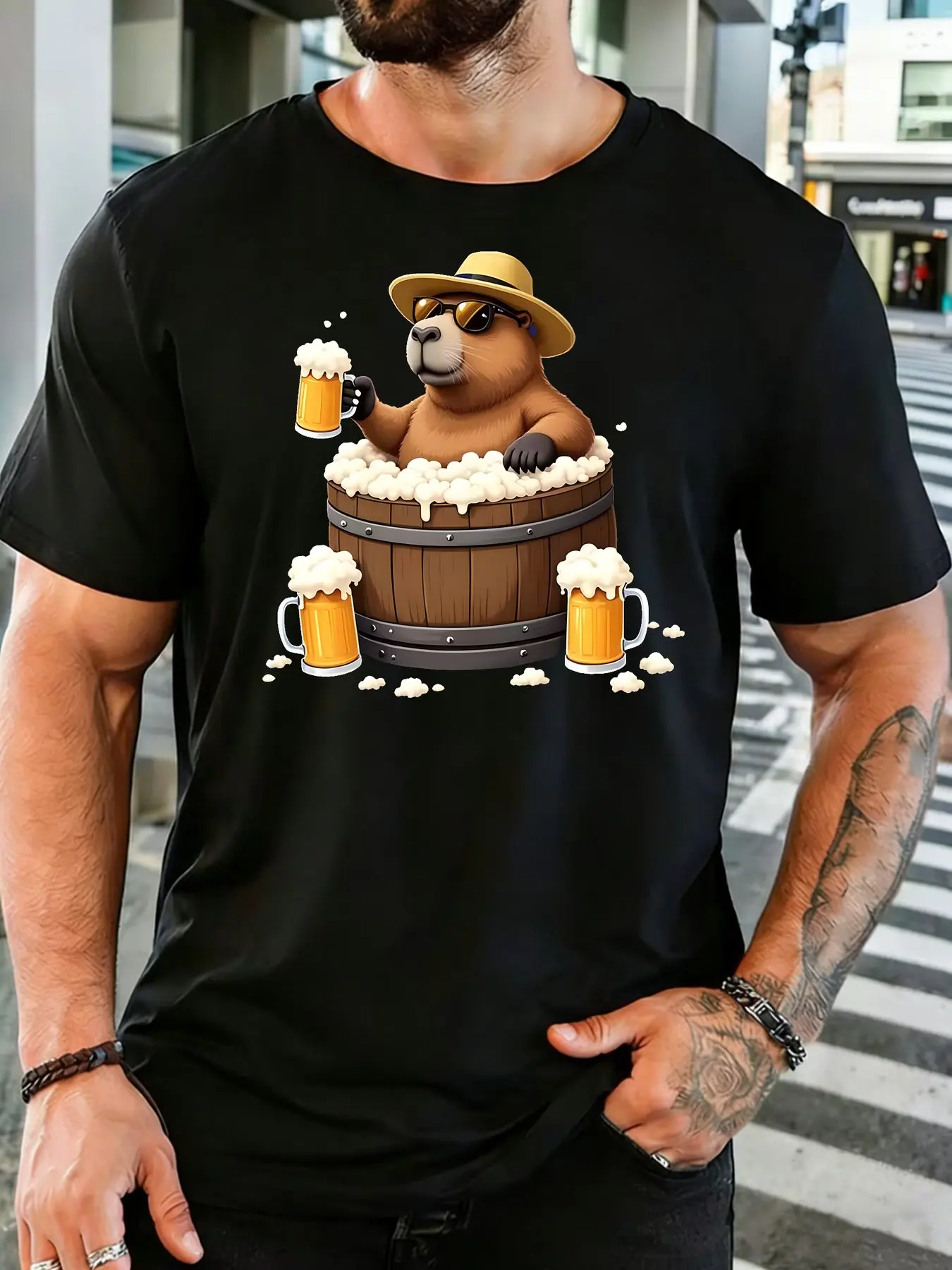 Cowboy Capybara Beer Barrel Cartoon Graphic Mens Crew Neck Short Sleeve Cotton T Shirt Beer Lover Animal Print Male Casual Tee