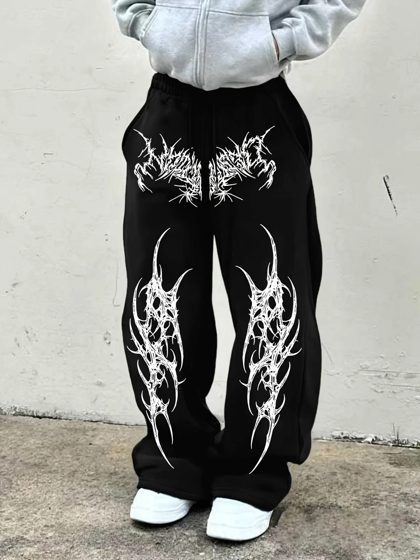 Men's Casual Sport Pants, Bone & Thorn Pattern Printed Sweatpants, Drawstring Wide-leg Casual Trousers