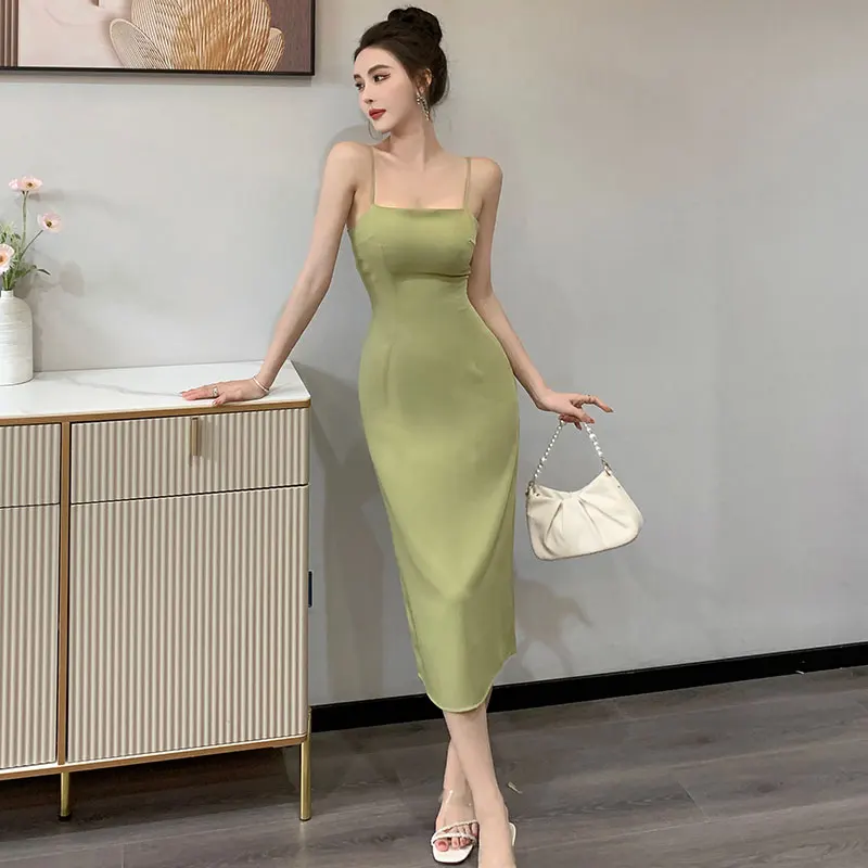 

2023 summer new back kink hollowed-out suspender dress women's waist straight split mid-length dress