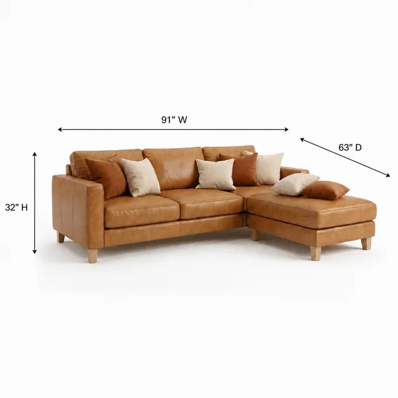 Modern Cognac Brown Leather Square Sofa Bed Set with Right Lounge Chair, Mid-Century Modern Design for Villas, Schools and Parks