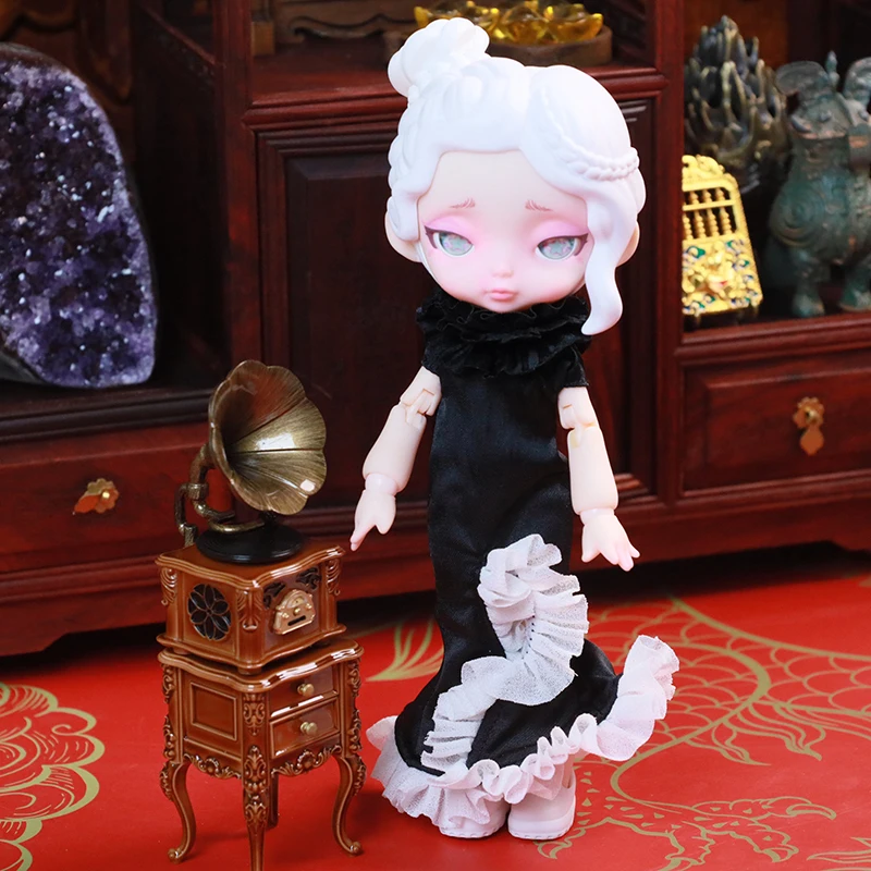 뉴 레트로 인형집 미니어처 그래모폰 음악 포함 미니 포노그래프 레코드 시뮬레이션 그래모폰 인형집 장식 인형 액세서리