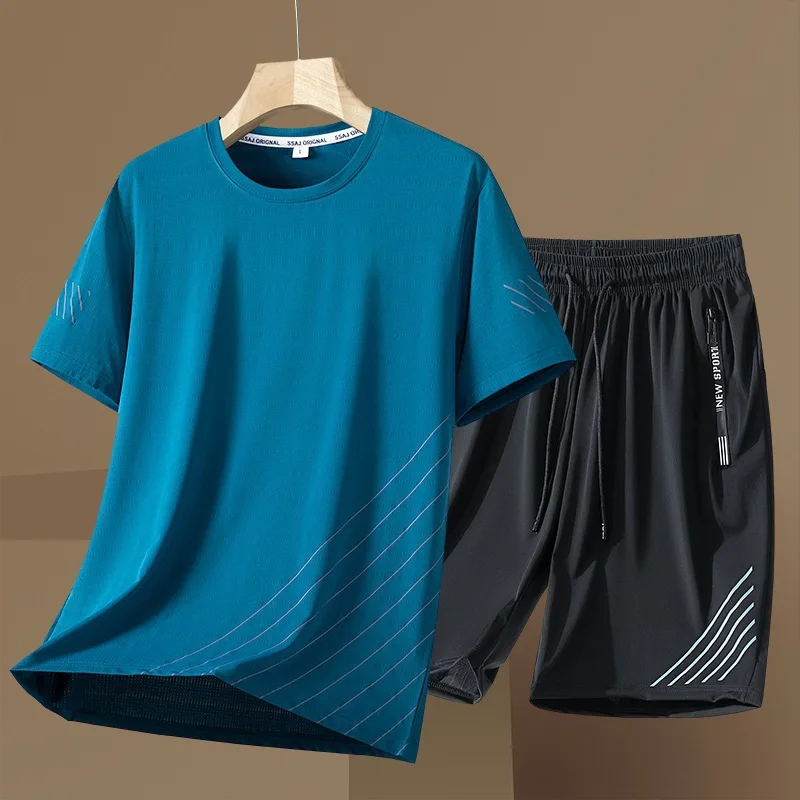 Feli Men's Ice Silk T-Shirt Short Sleeve Summer Sport Quick Dry Breathable Set Casual Sports Suit Polyester Fabric Shorts