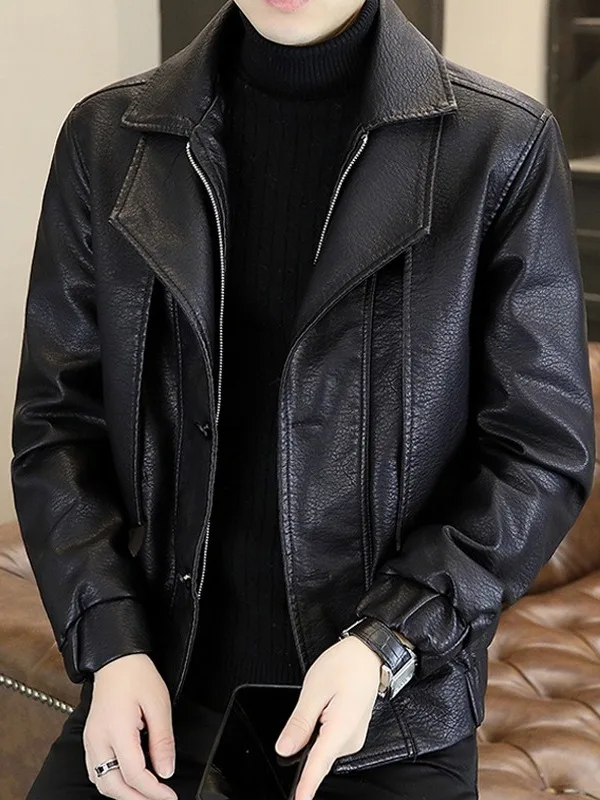 Stylish Men's PU Leather Jacket Black Biker Coat Fashionable Urban Youth Casual Short Sleeve Long Coat Single Button Closure