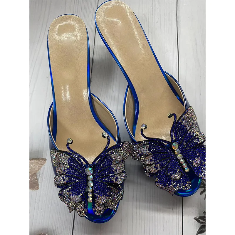 2024 Summer Butterfly   Crystal Sandals Leather Plus Peep Spout Women Metal Trim Heel Sandals  Big Size