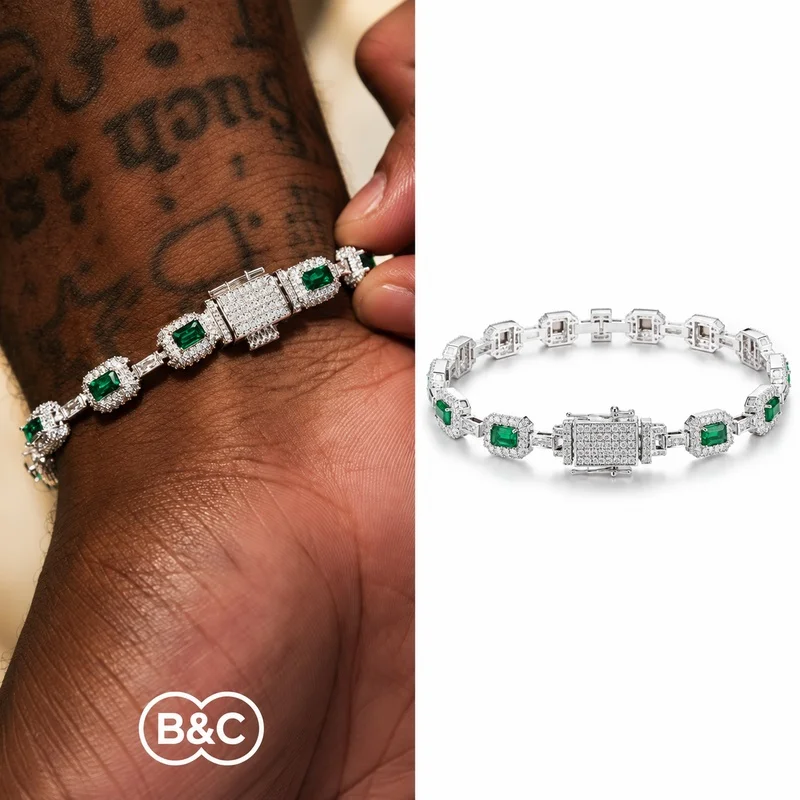 B&C Fashion Jewelry Iced Emerald Cushion Cut Bracelet White Gold Inlaid Green Baguette Zircon Women's Bracelet ﻿