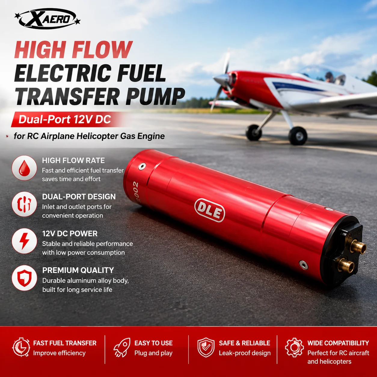 DLE High Flow Electric Fuel Transfer Pump, Dual-Port 12V DC for RC Airplane Helicopter Gas Engine, Fast Charging Oil Pump