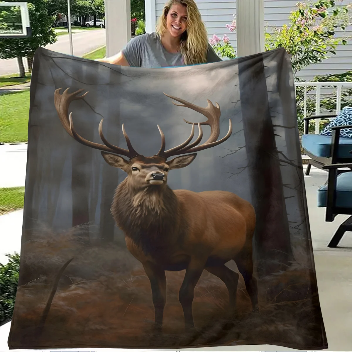 Bohemian Deer Print Flannel Blanket, Fantasy Themed Digital Print, Hypoallergenic Polyester Knit, All Season Soft Gift Throw