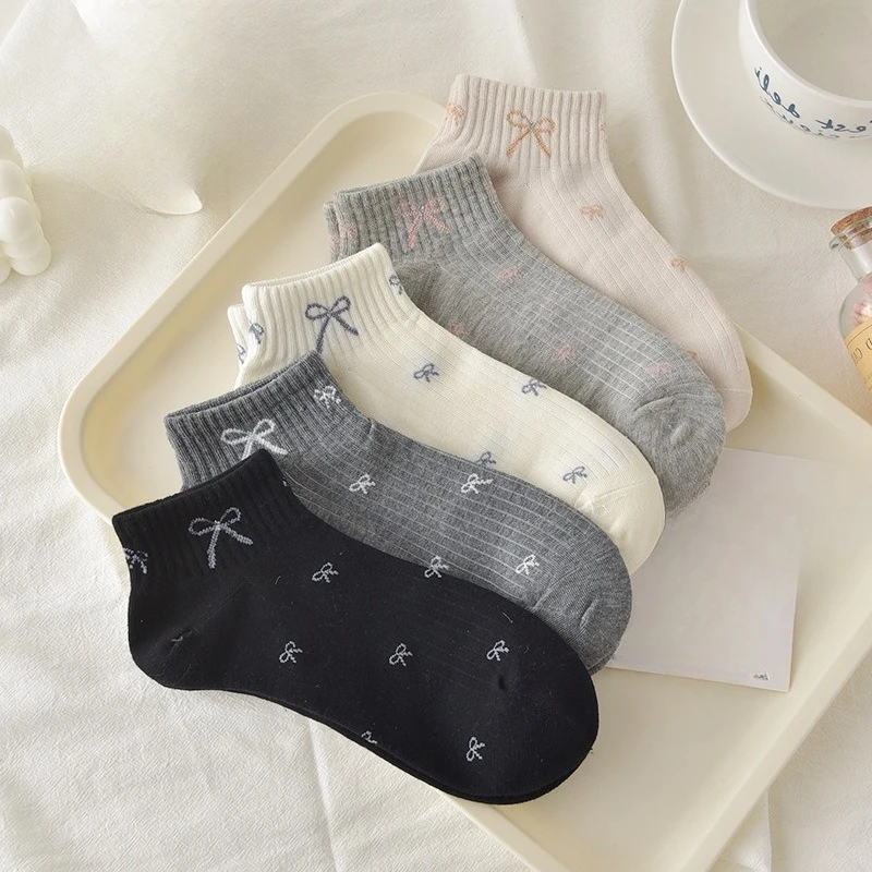 1/ 5 pairs Casual comfortable women's short tube spring summer fashion boat socks breathable sweat absorbing bow women's socks