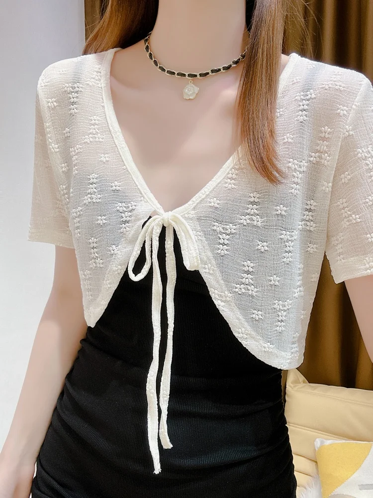 

Lace Shoulder Wrap Thin Short Sleeve Open Cardigan Ice Silk Sun Protection Women's Top Korean Style Slim Fit V-Neck Short Length