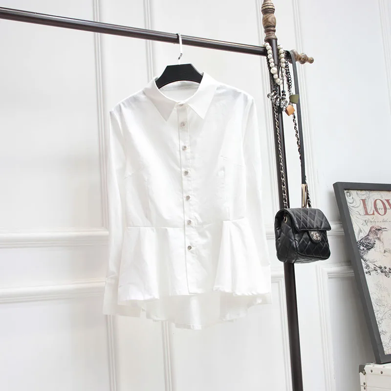 

plus Size Women's irt Long Sve Doll Collar Waist Cinched Faionable Spring Autumn Versatile White Cotton Button up Top