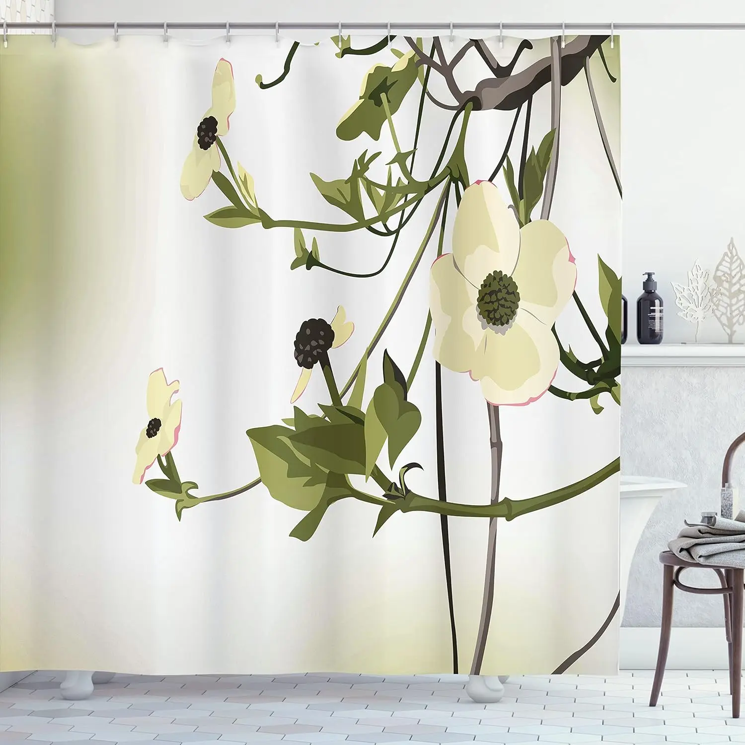 

White Flower Shower Curtain Botanical Design Nature Art Decor Garden Theme Bathroom Linen Floral Pattern180x220